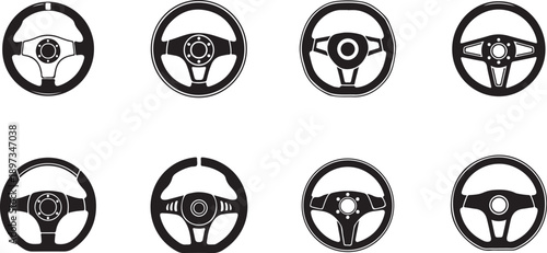 Eight different steering wheel designs in black and white