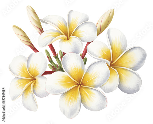 Tropical plumeria flowers with yellow centers in gentle watercolor.