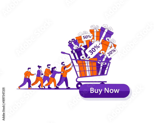 Online Shopping Sale Banner with Big Cart Full of Gift Boxes, Discount Tags 50 30 20 Percent, People Pushing Trolley, Buy Now Button, Ecommerce Promotion Flat Vector