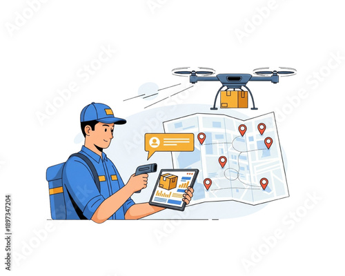 Smart logistics and drone delivery service concept. Courier man with tablet tracking air shipping package. GPS navigation map with location pins for e-commerce.