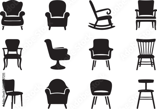 Collection of various chair silhouettes in a simple black and white arrangement