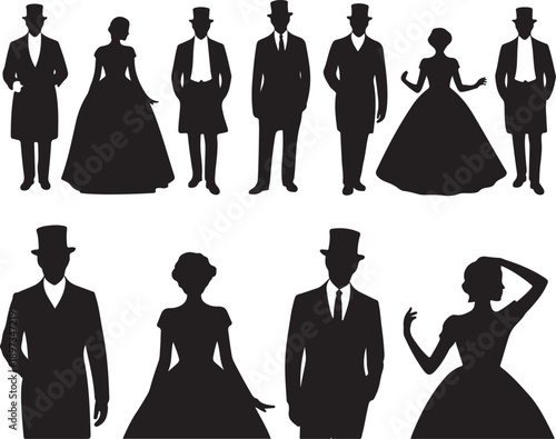 Silhouette collection of victorian era couples and individuals in formal attire