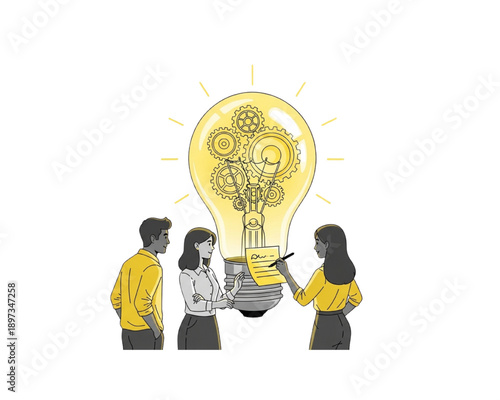 Team Brainstorming New Idea, Business People Planning Innovation with Light Bulb and Gears, Creative Solution Strategy Workshop, Collaboration Concept, Modern Flat Vector Illustration