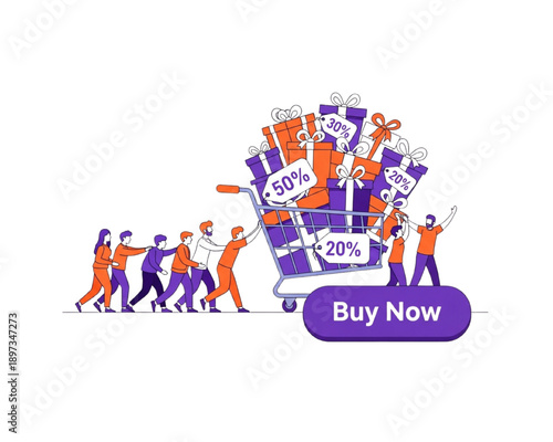 Big sale shopping concept. People pushing giant cart full of gifts and discount tags. Buy now button. Black Friday, consumerism and e-commerce promotion. Modern flat vector line illustration.