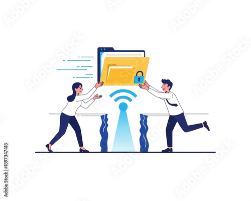 Secure wireless data transfer and file sharing concept. Business team bridging the gap with wifi internet signal to exchange protected documents.