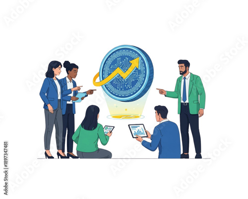 Fintech Team Analyzing Crypto Coin Growth Chart, Business People Using Tablets, Digital Asset Investment Strategy, Blockchain Finance Analytics, Modern Flat Vector Illustration