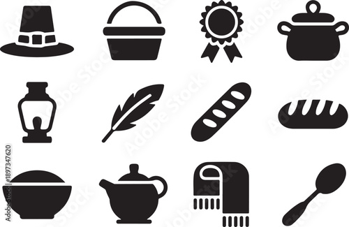 Thanksgiving day icons hats food cookware and traditional elements