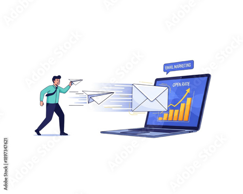 Email marketing strategy concept with businessman launching paper plane into laptop. Digital newsletter campaign having high open rate and growth statistics vector illustration.
