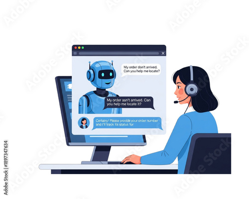 Customer support agent monitoring AI chatbot conversation. Human and robot collaboration vector concept. Woman with headset supervising automated service assistant.
