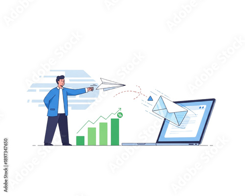 Email Marketing Campaign Analytics, Businessman Launching Paper Plane Newsletter to Laptop, Open Rate Growth Chart, Digital Communication Strategy, Modern Flat Vector Illustration