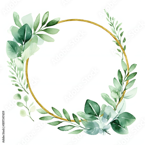 Elegant gold circle frame adorned with lush green eucalyptus leaves and branches