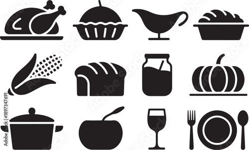 Thanksgiving dinner icons turkey pie gravy and various side dishes