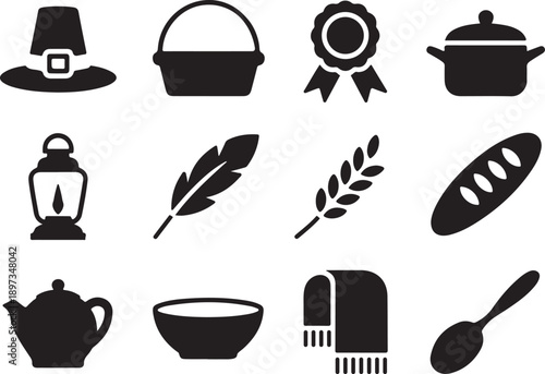 Collection of black silhouette icons representing traditional harvest and cooking items