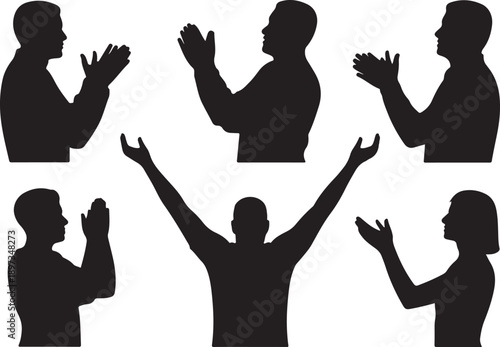 Silhouettes of people clapping and celebrating with arms raised