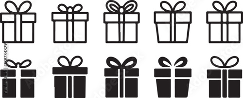 Collection of black and white gift box icons in varying styles