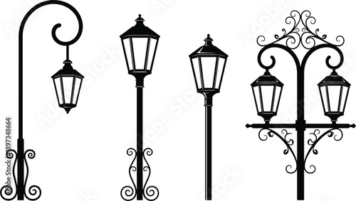 Collection of vintage black street lamp silhouettes in various ornamental styles isolated on white background for urban design
