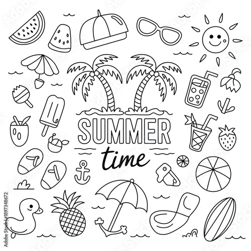 Summer Time Doodle Artwork with Beach Holiday Elements Hand Drawn Vector Illustration.