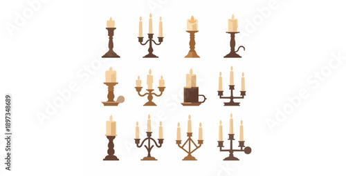 Decorative candle and candlestick flat vector collection on white background