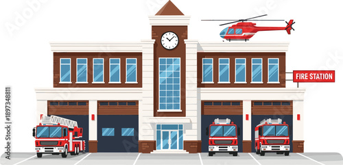 Emergency fire station building exterior with red fire trucks helicopter and clock tower in flat architectural vector style