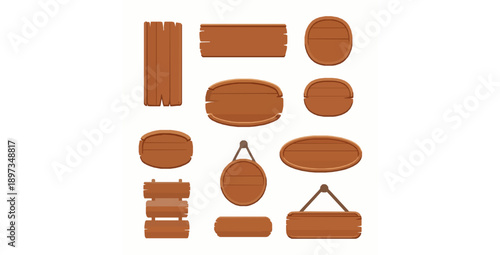 Wooden signboards flat vector set with blank message panels for mobile game assets