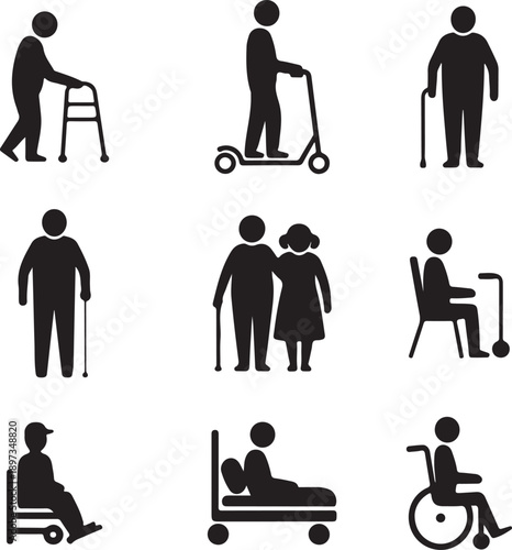 Accessibility icons depicting seniors and people with disabilities using aids