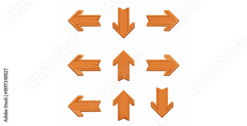 Wooden direction arrow signs flat vector set for game navigation and maps