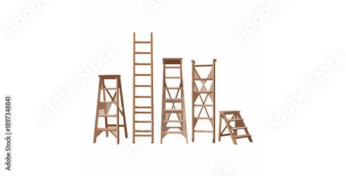 Wooden stairs and step ladders vector set for home and construction use