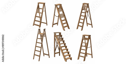 Isolated wooden step ladder and stairs vector icons for home and work safety