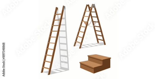 Wooden step ladders and stairs vector illustration showing domestic and construction usage