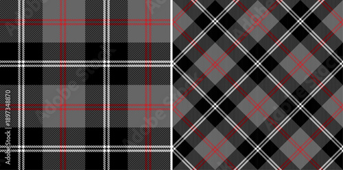 Black and gray seamless check plaid texture with red lines for textile, fabrics, print, wallpaper, garments, clothing, scarp, blanket and wrapping paper. Scottish tartan vector illustration. 