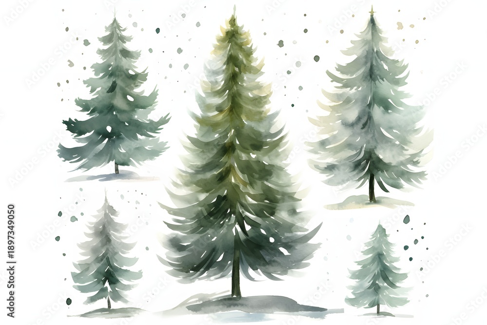 Obraz premium Watercolor painting of five evergreen trees with falling snow