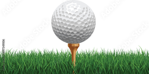 White golf ball on wooden tee in green grass isolated on white background professional sports equipment vector illustration