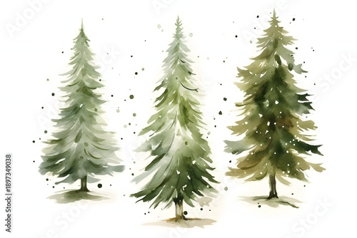 Three watercolor pine trees with delicate falling snow