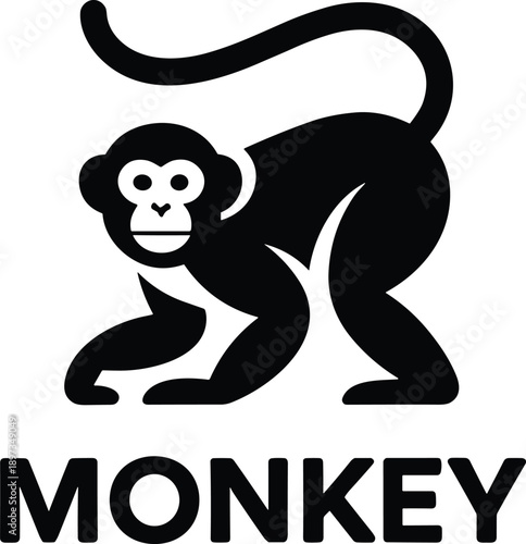 Monkey silhouette illustration with text label, black primate animal icon isolated on white background for education branding design