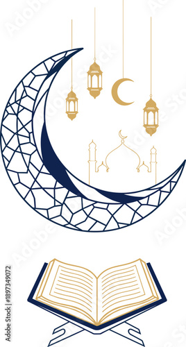 Islamic Ramadan crescent moon with lanterns mosque and holy Quran illustration