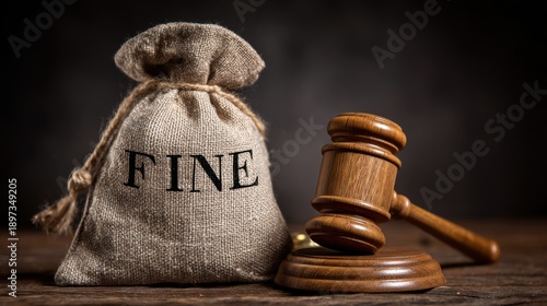 Elegant photo of Wooden judge's gavel and a burlap bag with the word fine on a dark background, representing legal penalties and court fines. .Made Genarative AI