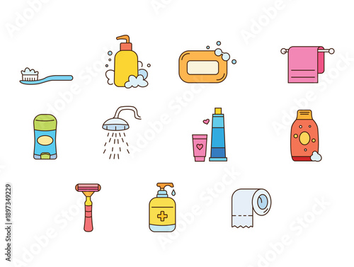Colorful Personal Hygiene Icons Set with Bathroom and Self Care Items
