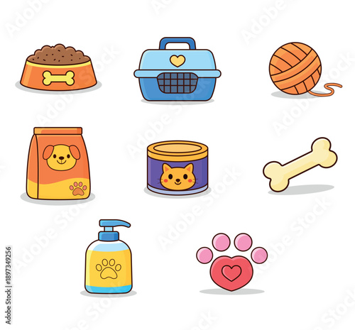 Cute Pet Care Icons Set with Food, Toys and Animal Accessories