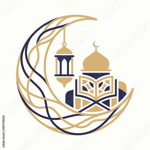 Ramadan Kareem crescent moon with mosque lantern and quran vector