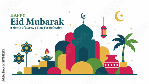 Vibrant Eid Mubarak celebration with mosque, stars, and palm tree in colorful illustration