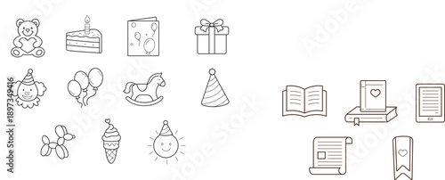 Cute Birthday Party Line Icons Set, Kids Celebration Elements with Cake, Balloons, Gifts and Toys in Outline Style