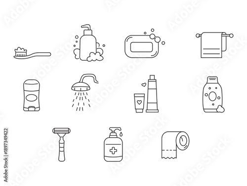 Personal Hygiene Line Icons Set with Bathroom and Self Care Items