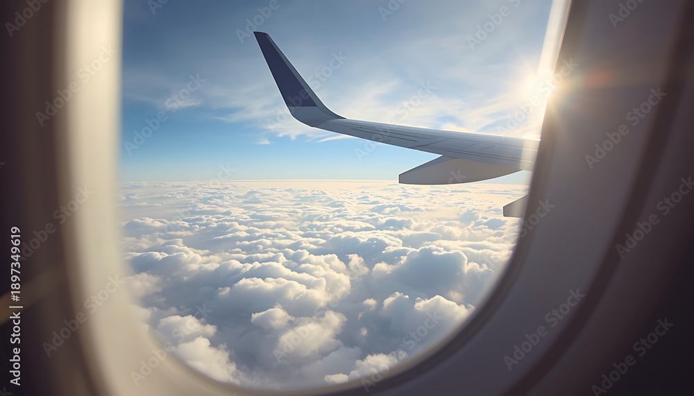 Obraz premium Airplane wing soaring through fluffy white clouds at sunrise