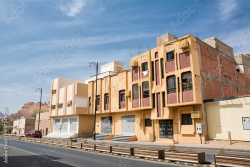 Arab style building along the roads of Saudi Arabia featuring traditional architecture and urban desert surroundings