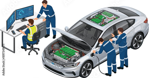 Automotive engineers and technicians performing battery diagnostics and maintenance on an electric vehicle with computer monitoring isometric vector illustration