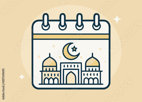 Calendar illustration featuring a mosque and crescent moon symbolizing a religious event or holiday