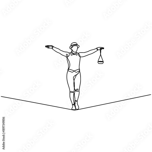 Circus equilibrists balance tricks black line vector illustration isolated on white background