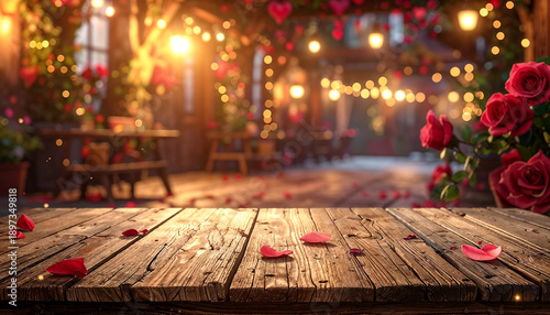 Empty old wooden table background with valentines theme in background