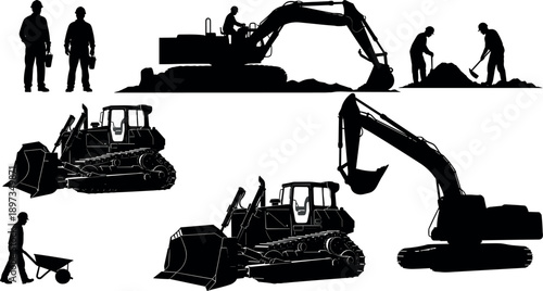 Construction worker and heavy silhouette collection with excavator and manual labor scenes, industrial building illustration set isolated on white background