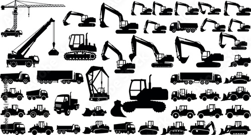 Construction vehicles and heavy machinery silhouette mega set with excavators, cranes, trucks and loaders, industrial equipment collection, black vector transport machines isolated on white background